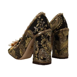Gold Crystal Square Toe Brocade Pumps Shoes