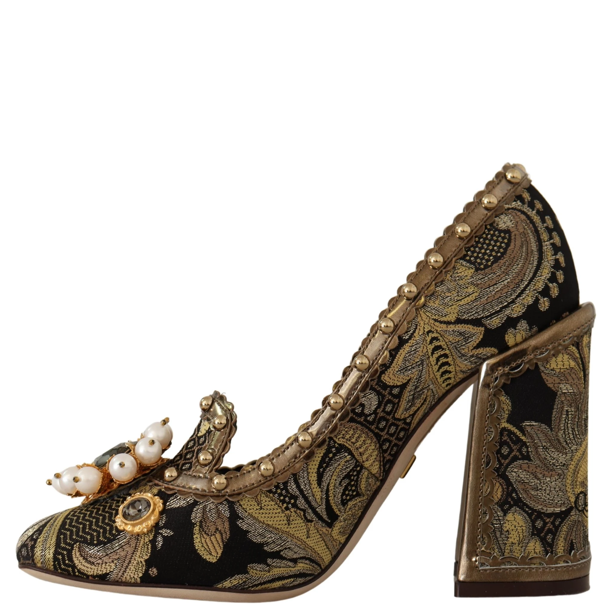 Gold Crystal Square Toe Brocade Pumps Shoes