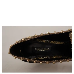 Gold Crystal Square Toe Brocade Pumps Shoes