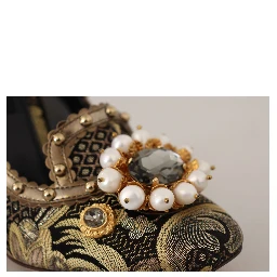 Gold Crystal Square Toe Brocade Pumps Shoes