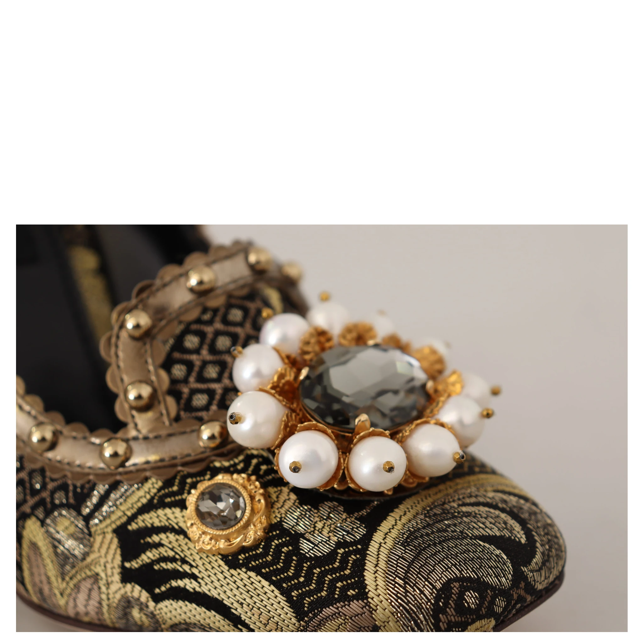 Gold Crystal Square Toe Brocade Pumps Shoes