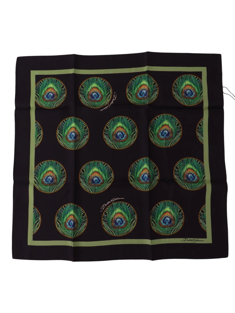 Black Peacock Feather DG Printed Square Handkerchief Scarf