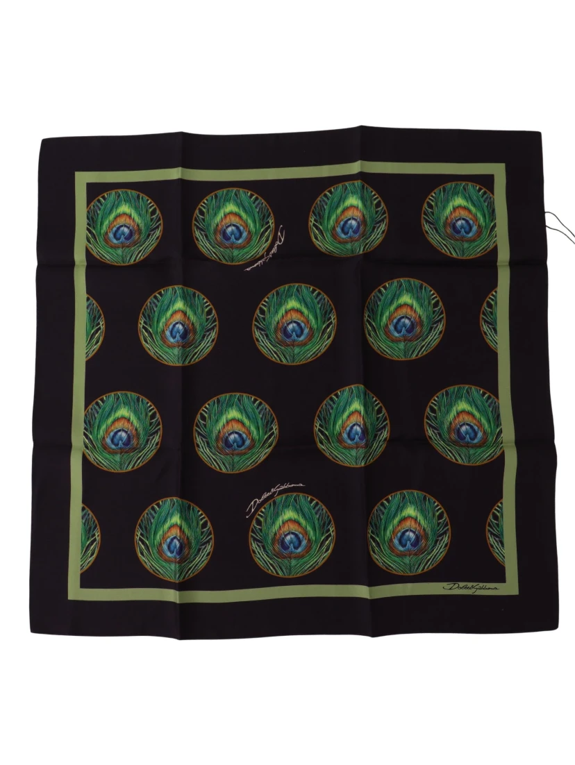 Black Peacock Feather DG Printed Square Handkerchief Scarf