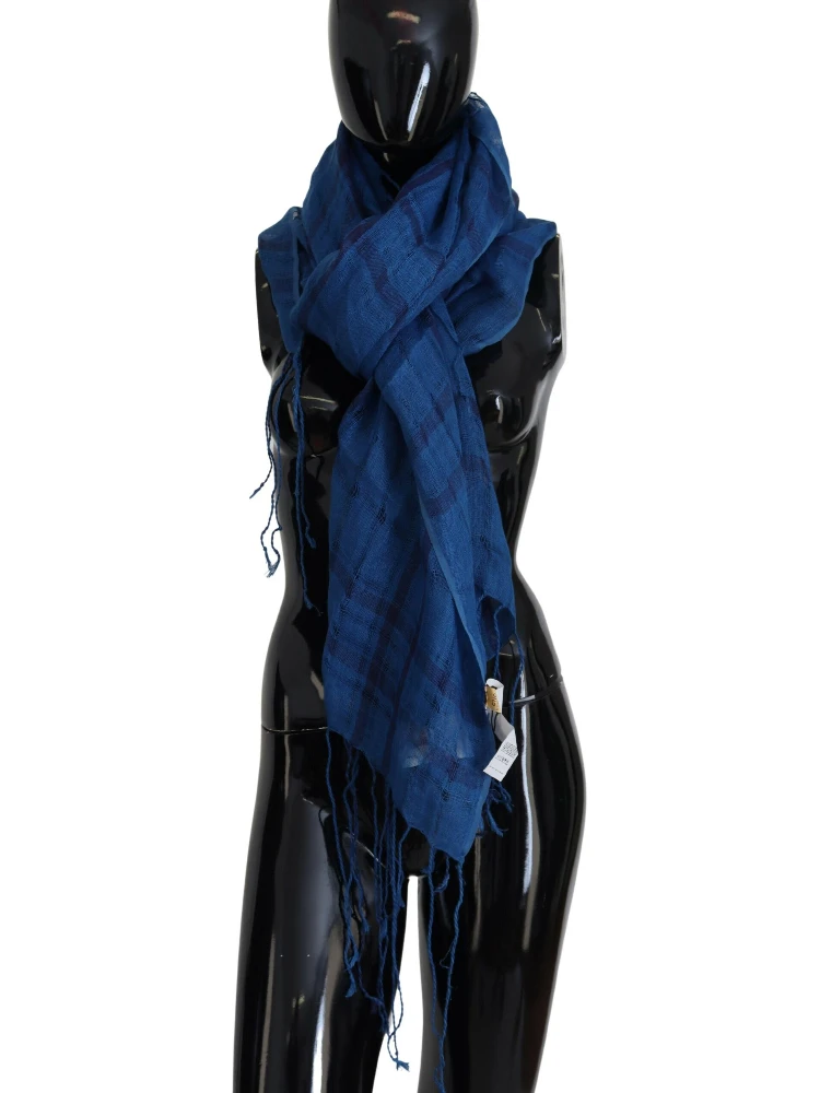 Blue Linen Shawl Foulard Fringes Scarf