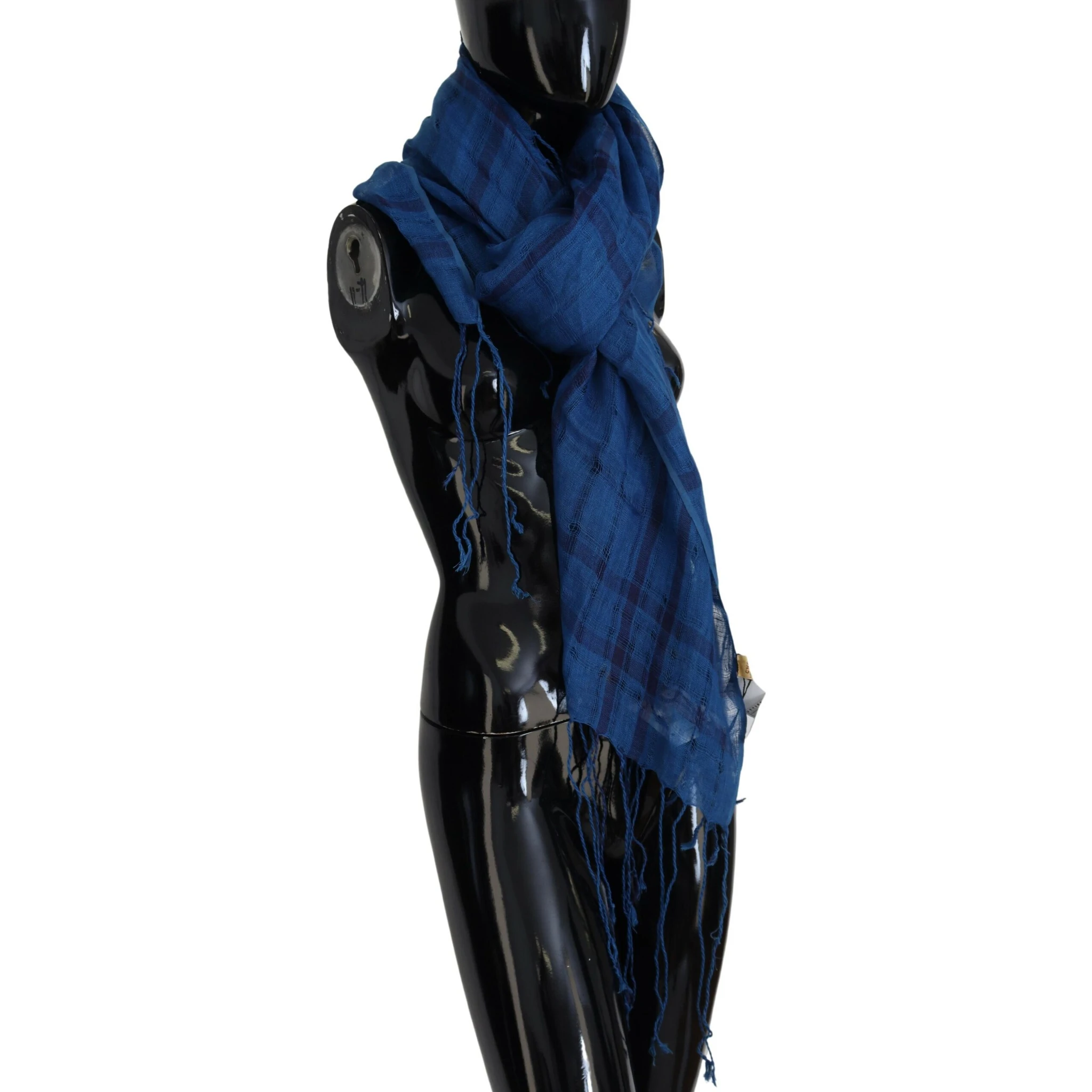 Blue Linen Shawl Foulard Fringes Scarf