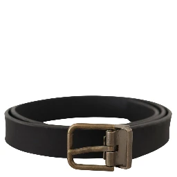 Black Leather Brass Metal Grain Buckle Classic Belt
