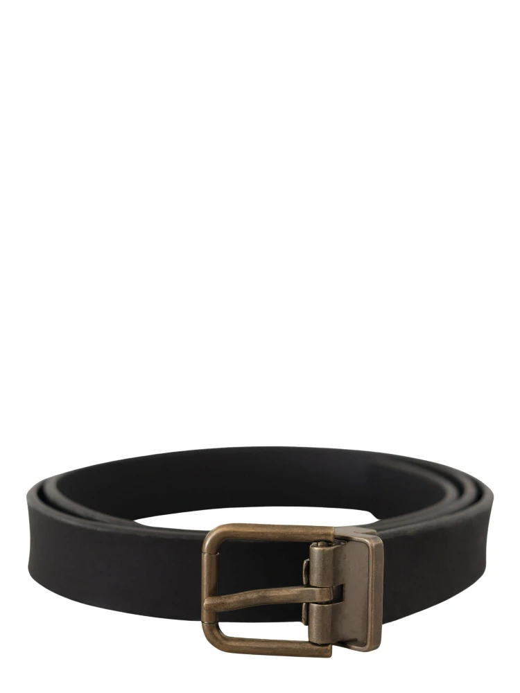 Black Leather Brass Metal Grain Buckle Classic Belt