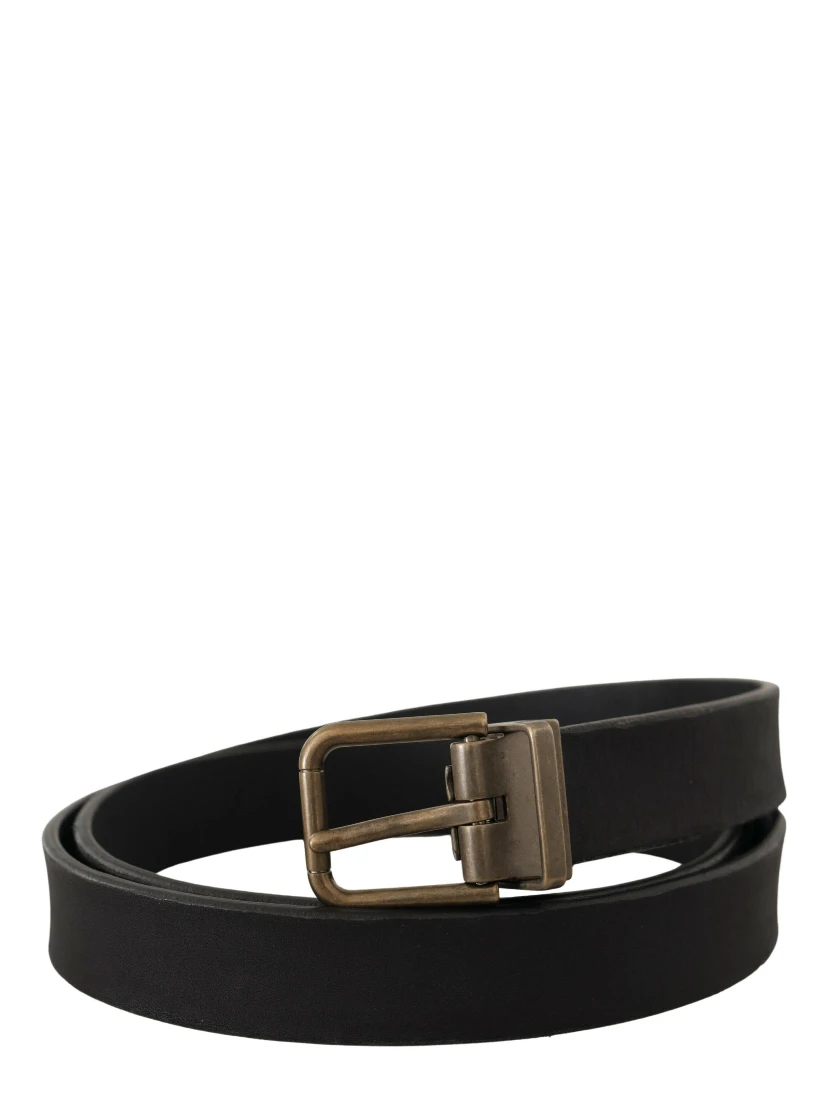 Black Leather Brass Metal Grain Buckle Classic Belt