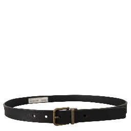 Black Leather Brass Metal Grain Buckle Classic Belt