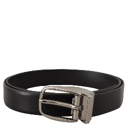 Black Leather Silver Metal Chrome Logo Buckle  Belt