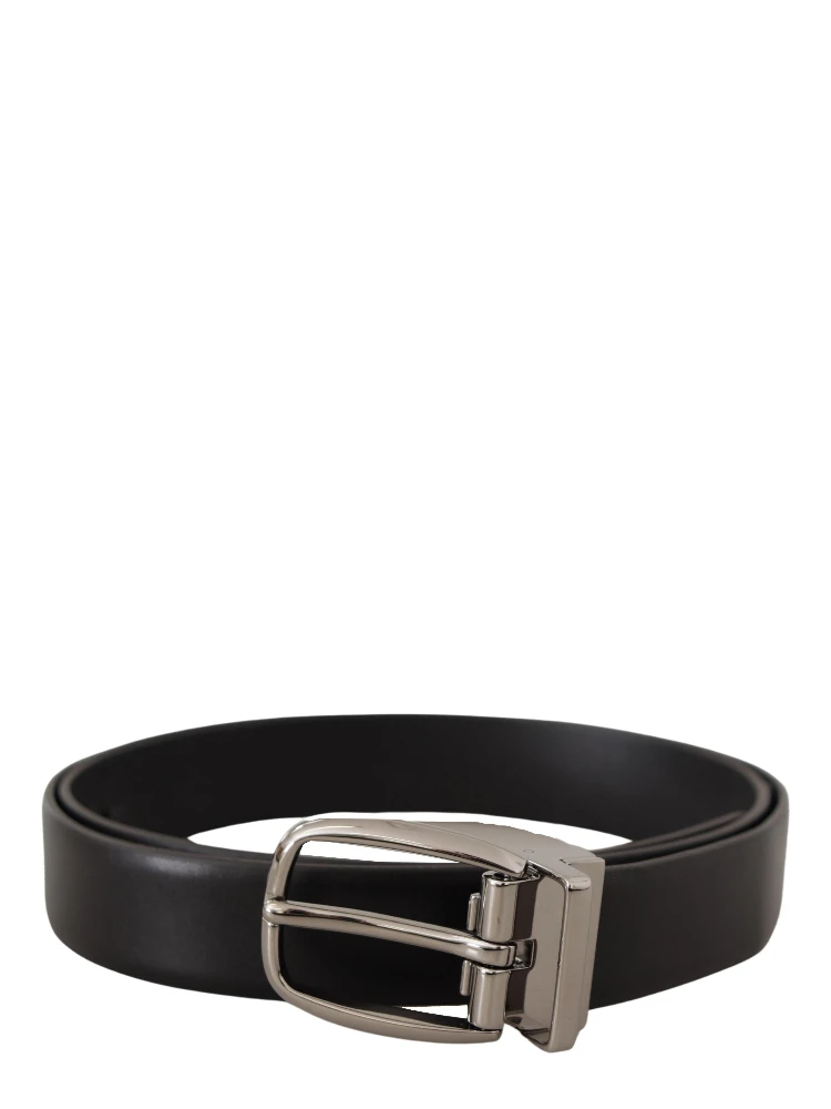 Black Leather Silver Metal Chrome Logo Buckle  Belt