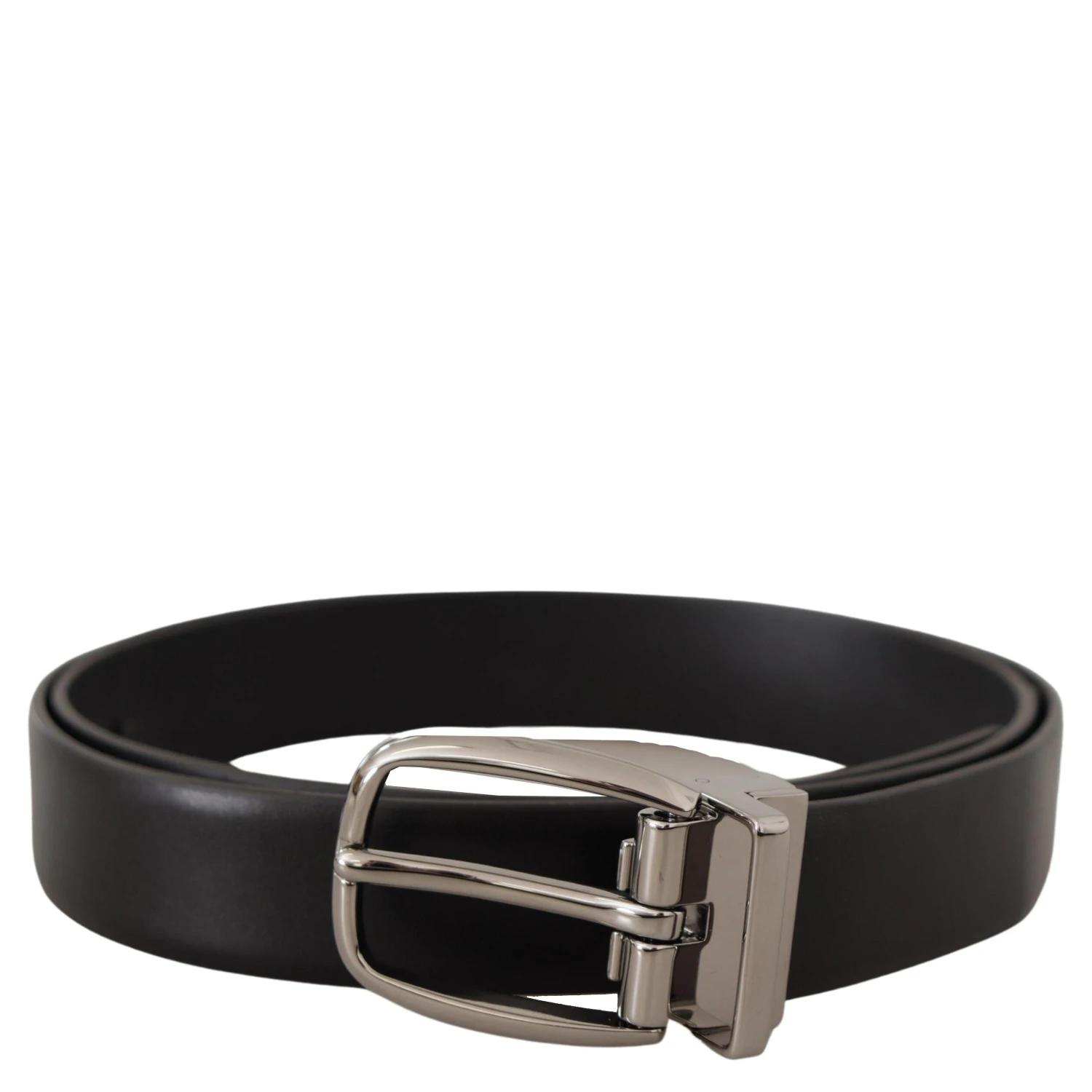 Black Leather Silver Metal Chrome Logo Buckle Belt