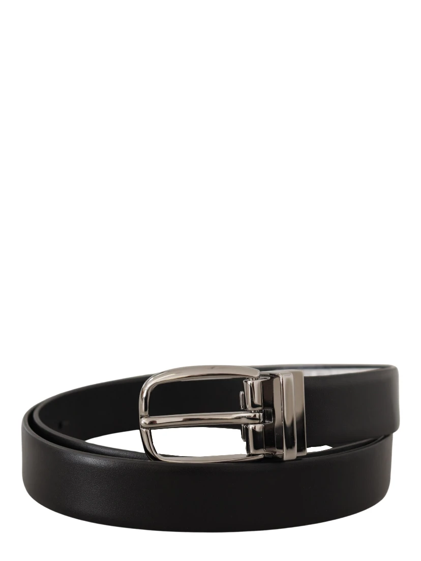 Black Leather Silver Metal Chrome Logo Buckle  Belt