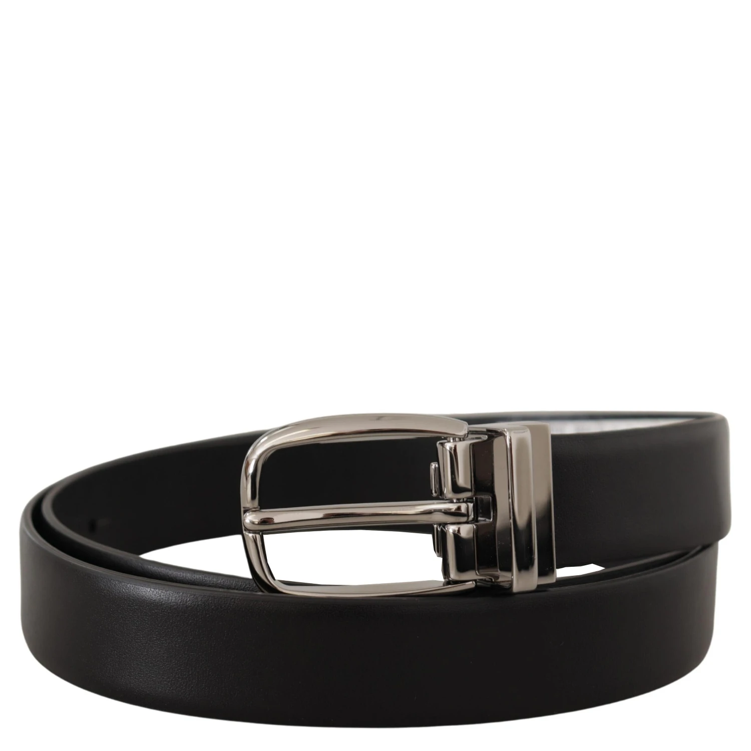 Black Leather Silver Metal Chrome Logo Buckle Belt