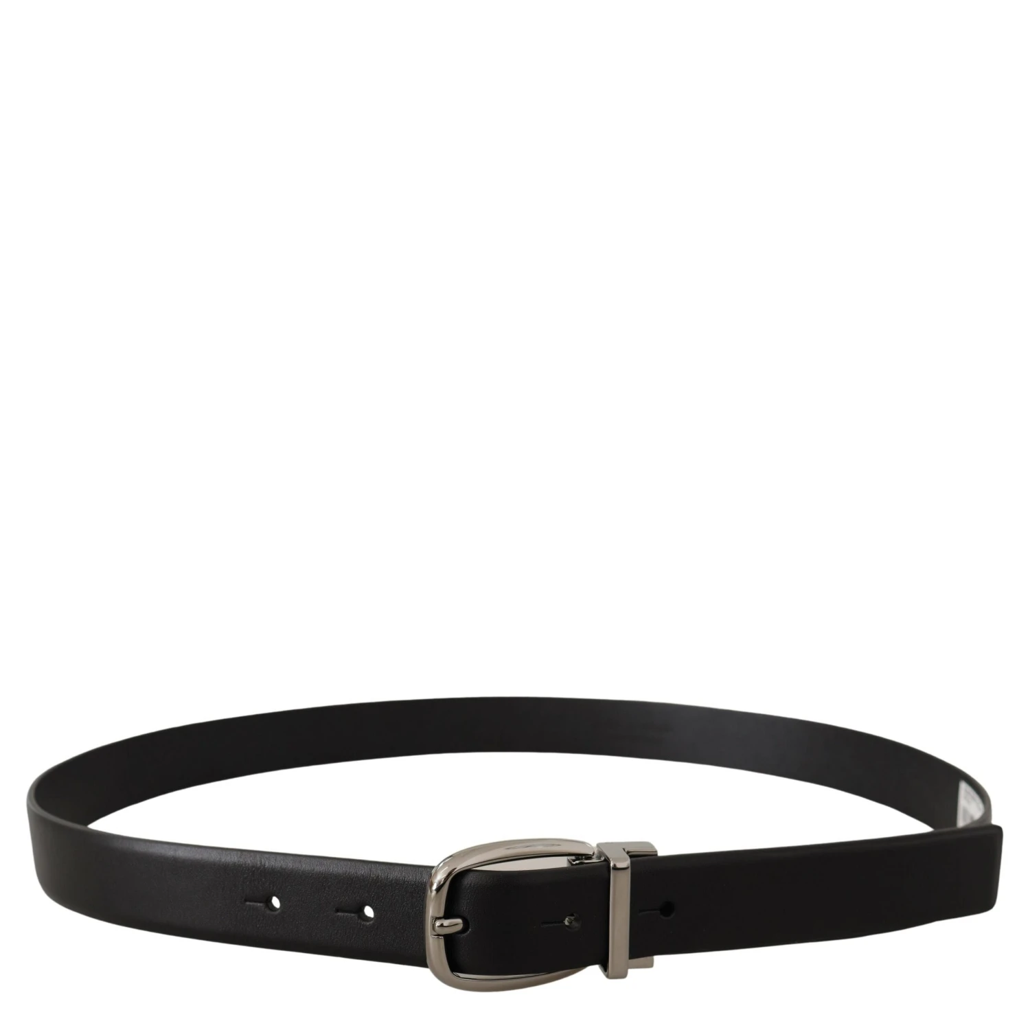 Black Leather Silver Metal Chrome Logo Buckle Belt