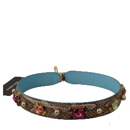 Brown Exotic Leather Crystals Shoulder Strap