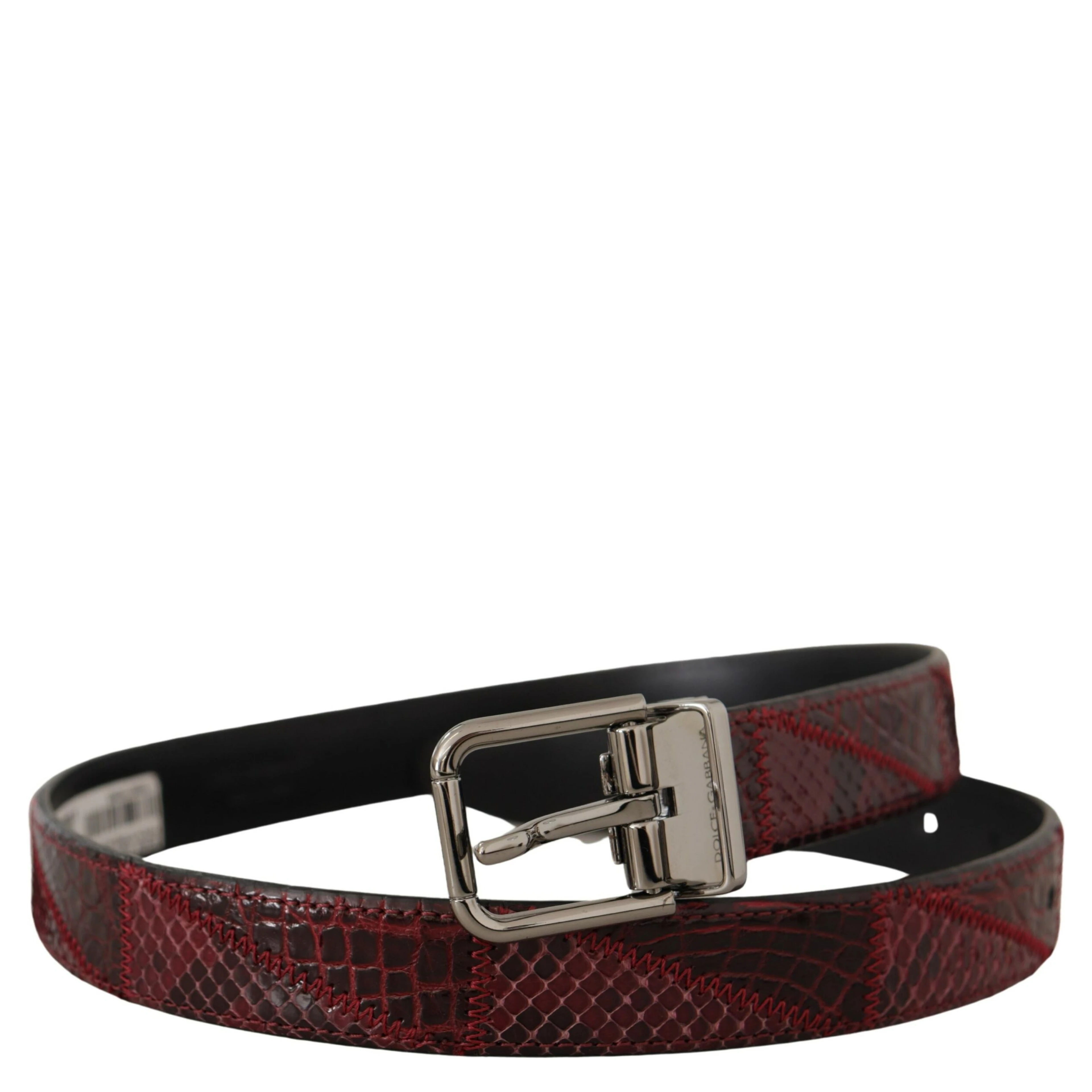 Red Exotic Leather Metal Logo Buckle Belt