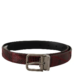 Red Exotic Leather Metal Logo Buckle Belt