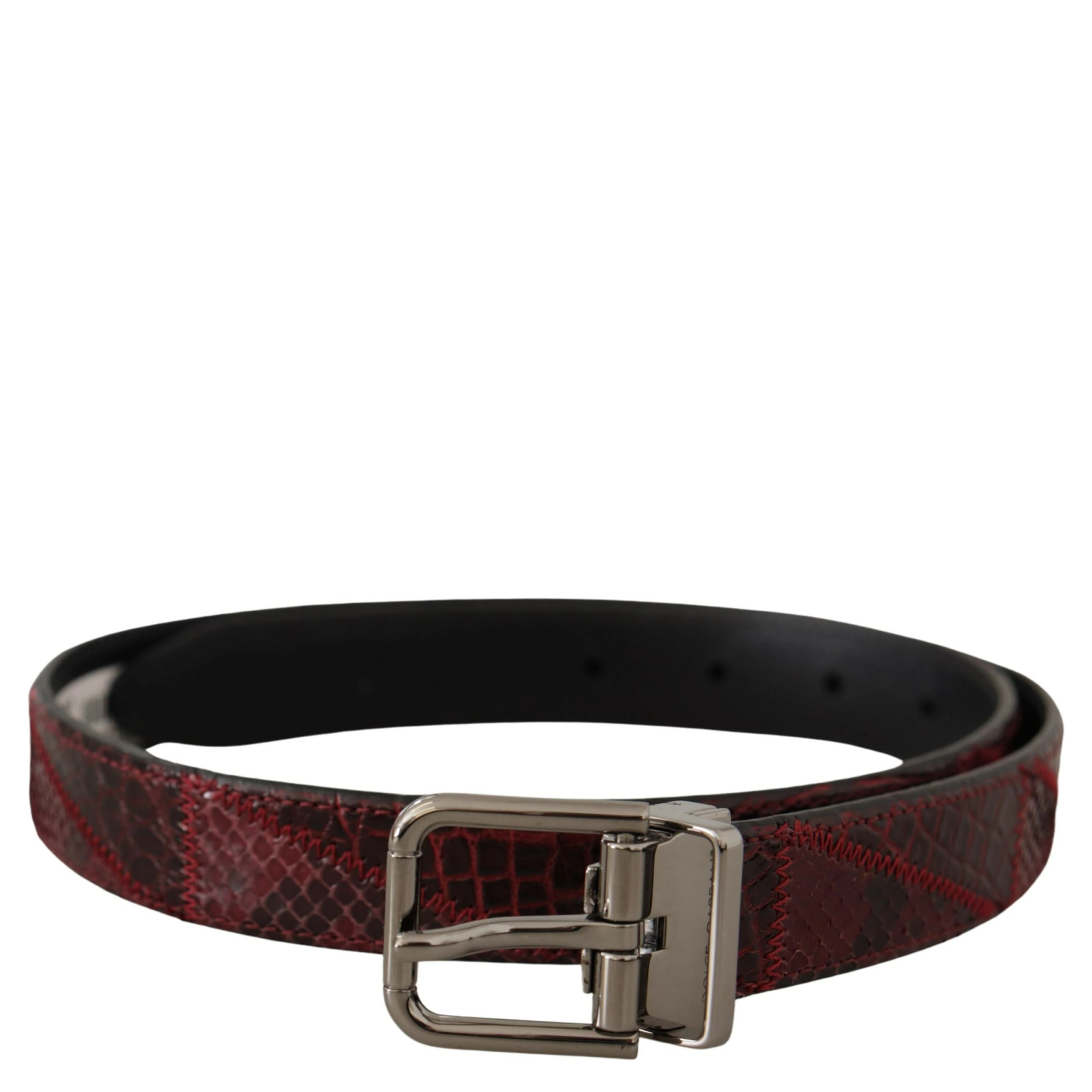 Red Exotic Leather Metal Logo Buckle Belt