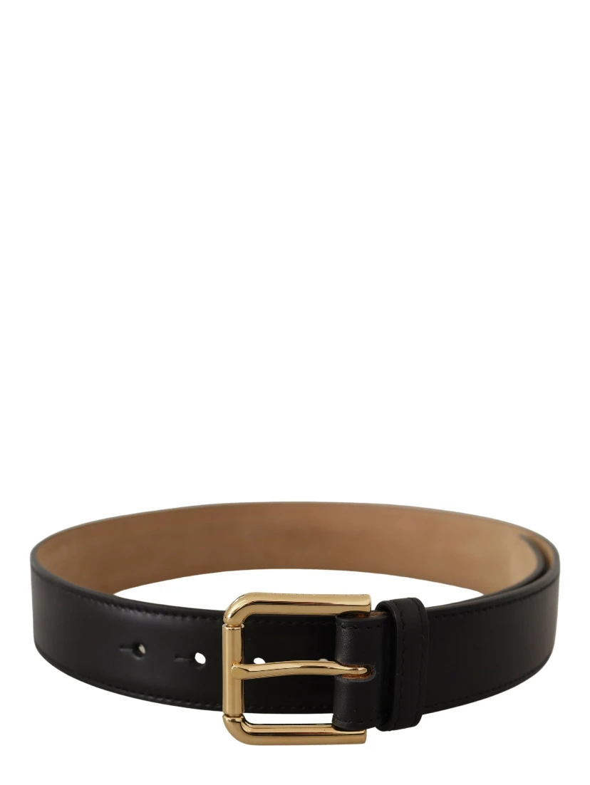 Black Solid Leather Classic Gold Waist Buckle Belt