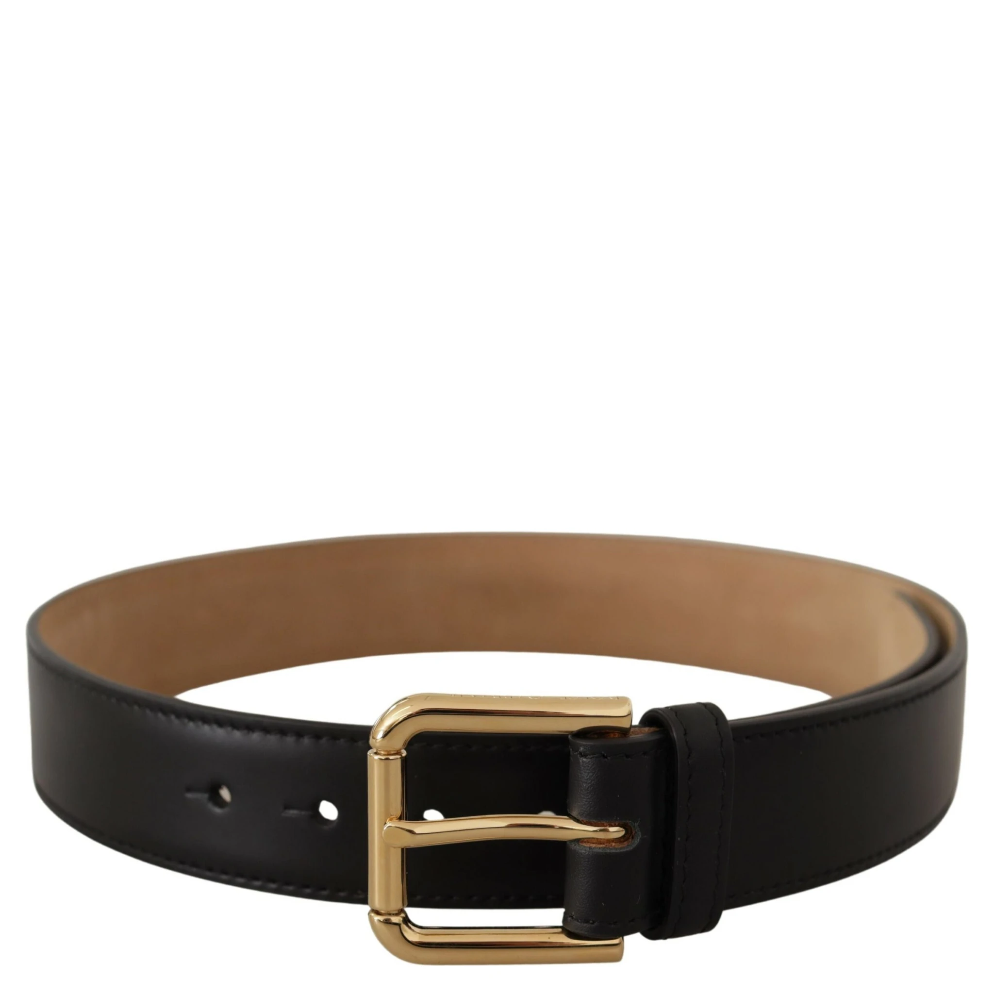 Black Solid Leather Classic Gold Waist Buckle Belt