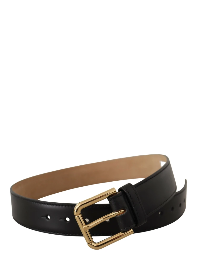 Black Solid Leather Classic Gold Waist Buckle Belt