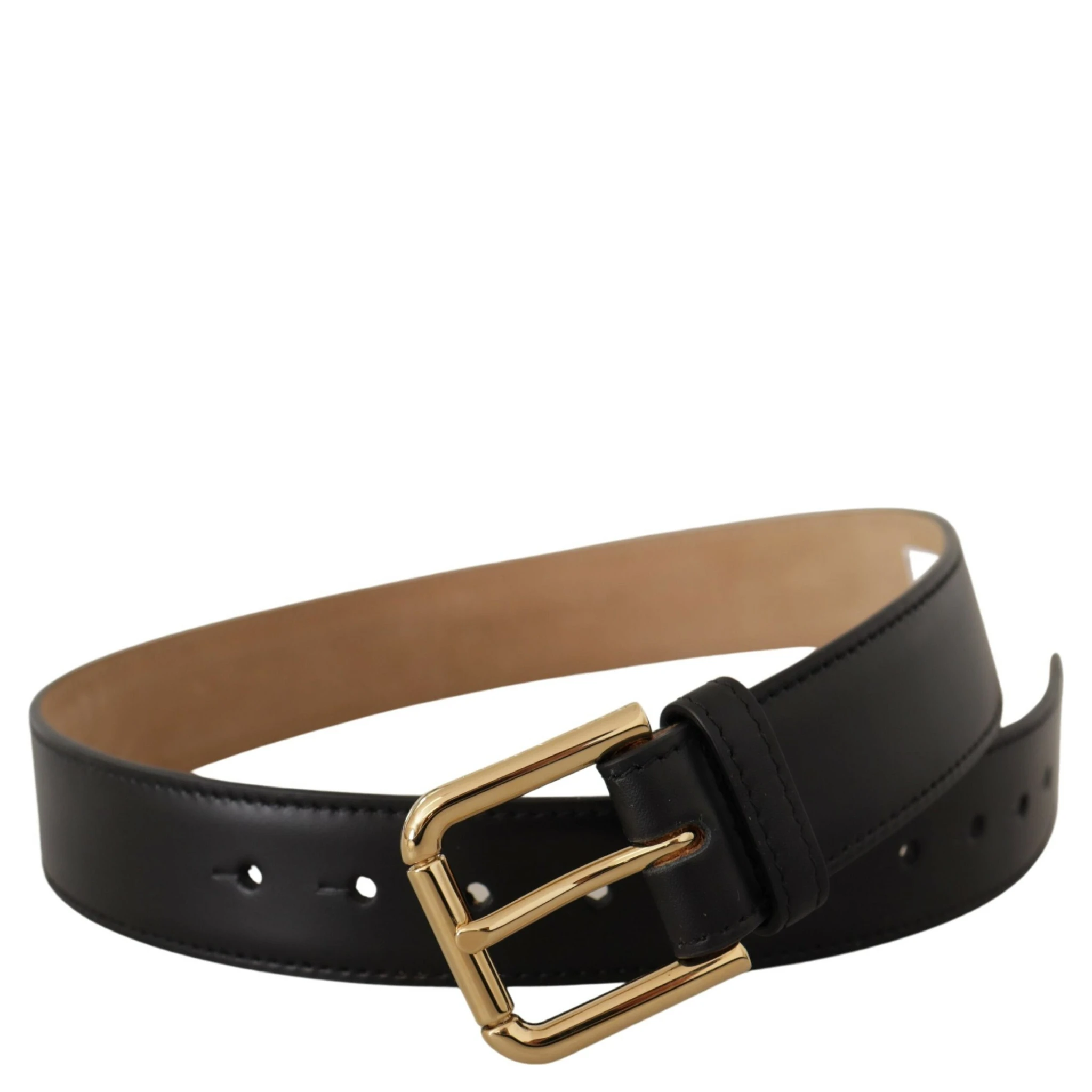 Black Solid Leather Classic Gold Waist Buckle Belt