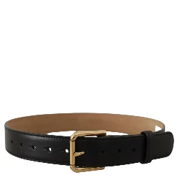 Black Solid Leather Classic Gold Waist Buckle Belt