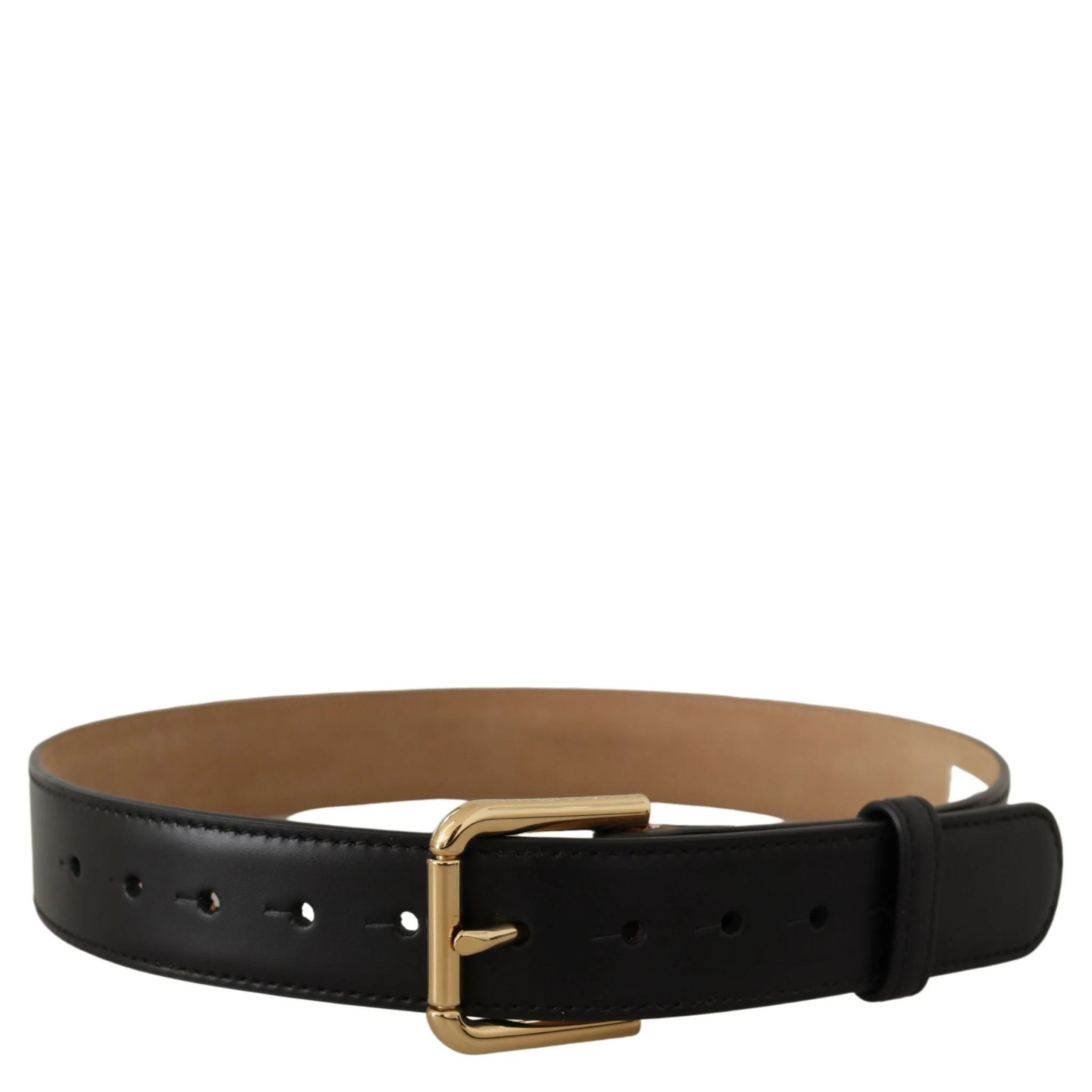Black Solid Leather Classic Gold Waist Buckle Belt