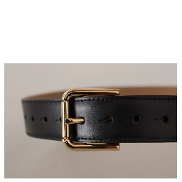 Black Solid Leather Classic Gold Waist Buckle Belt