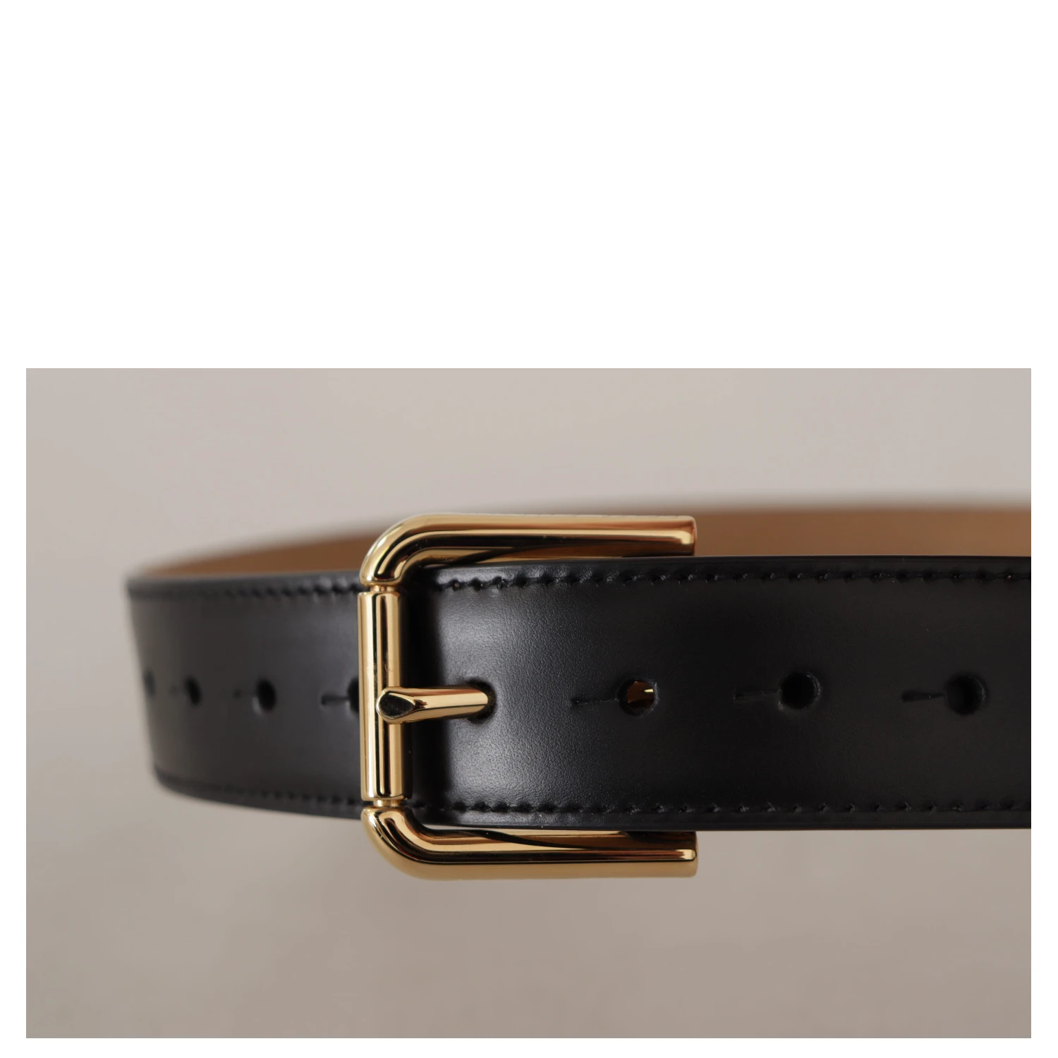 Black Solid Leather Classic Gold Waist Buckle Belt