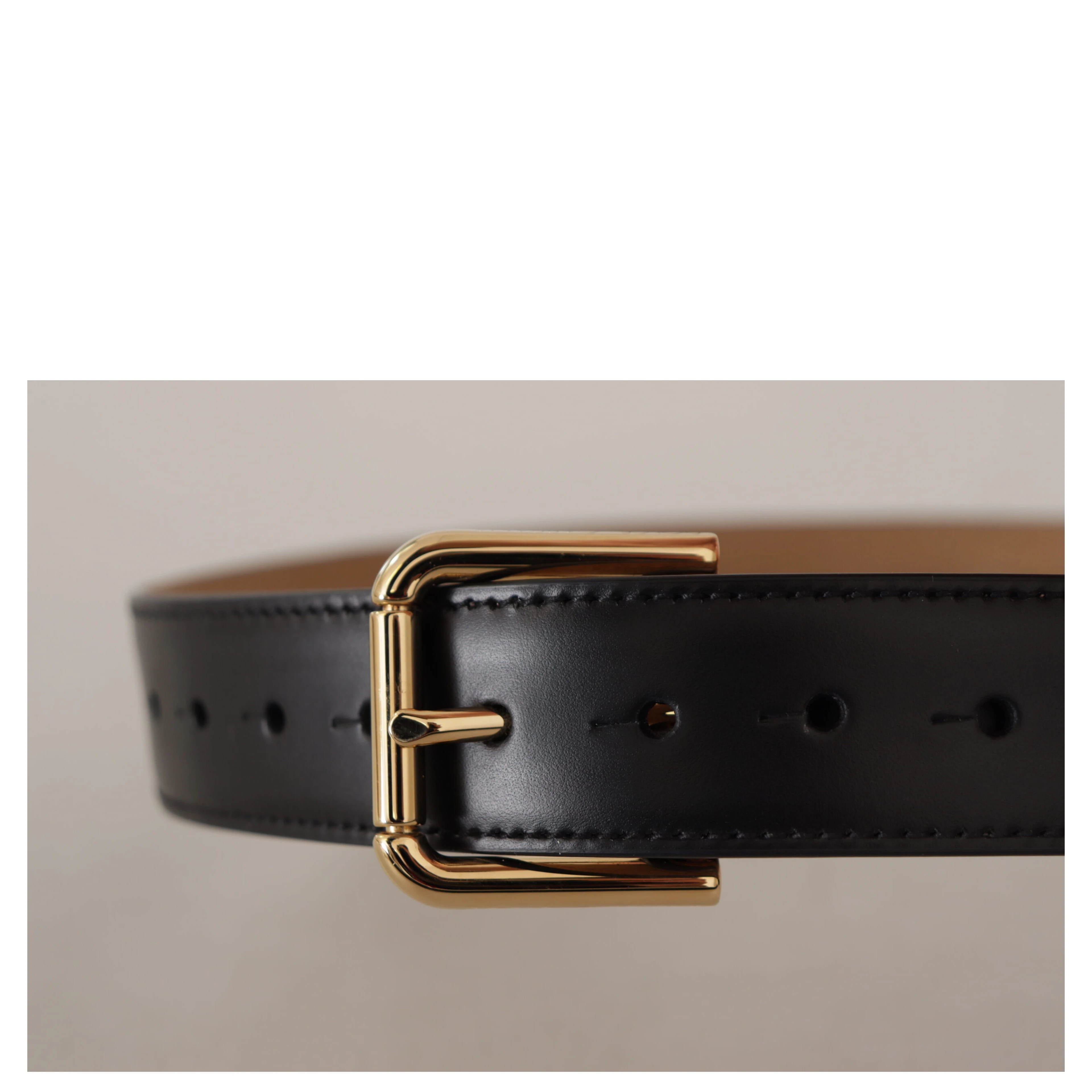 Black Solid Leather Classic Gold Waist Buckle Belt