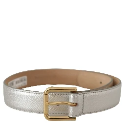 Silver Leather Gold Tone Logo Metal Waist Buckle Belt