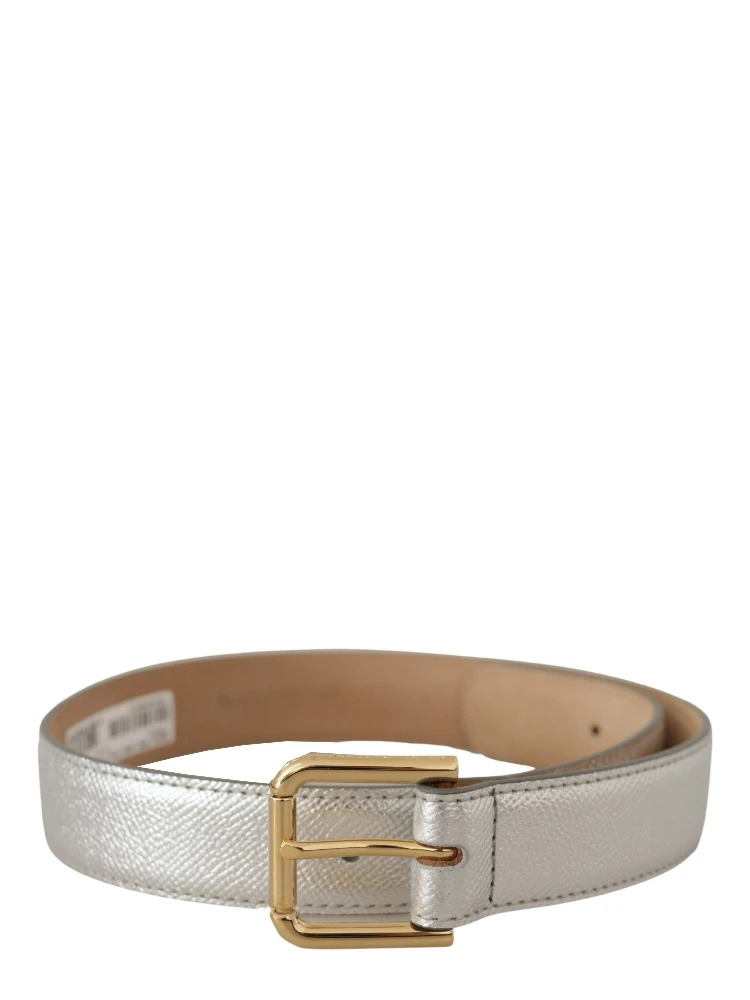 Silver Leather Gold Tone Logo Metal Waist Buckle Belt