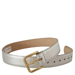 Silver Leather Gold Tone Logo Metal Waist Buckle Belt
