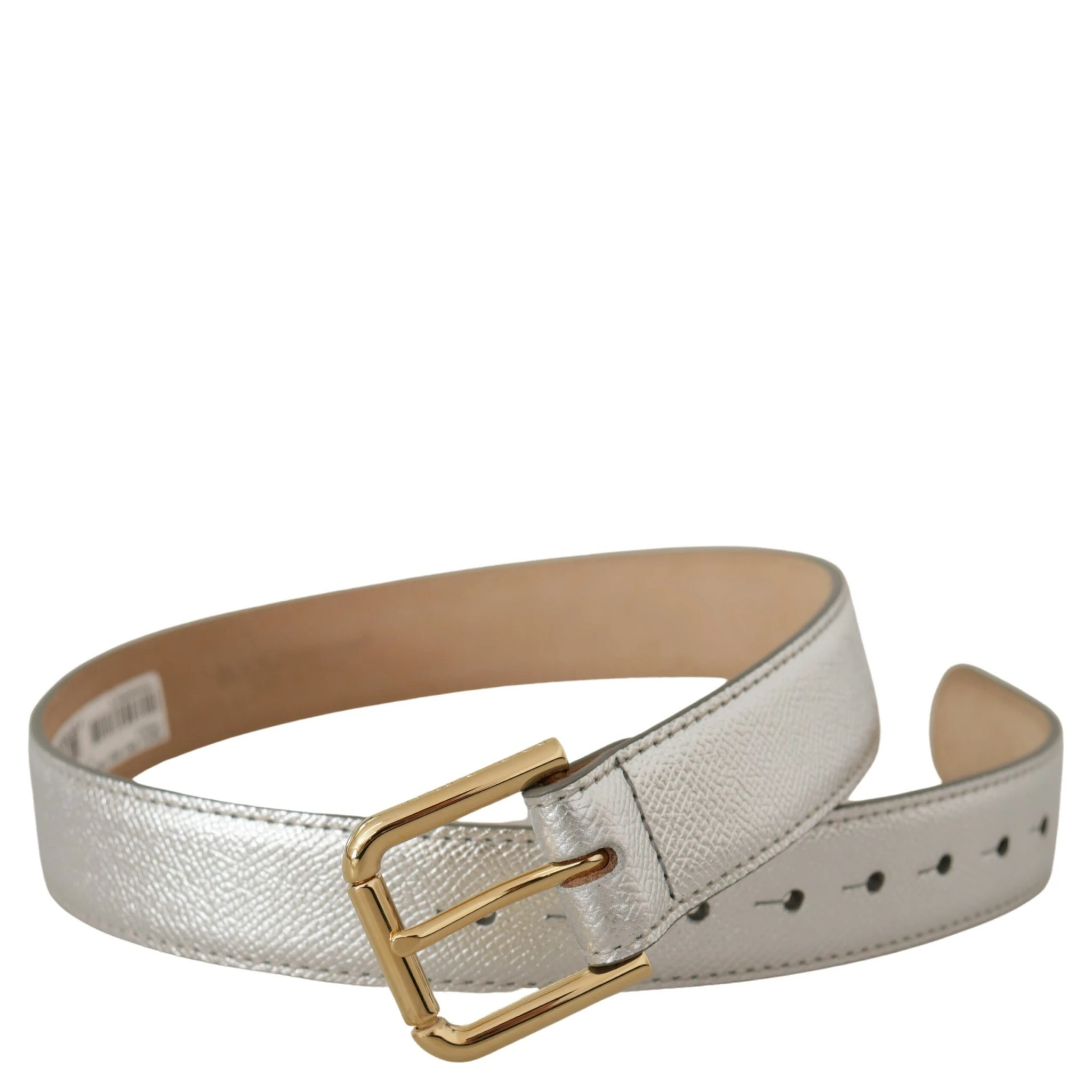 Silver Leather Gold Tone Logo Metal Waist Buckle Belt
