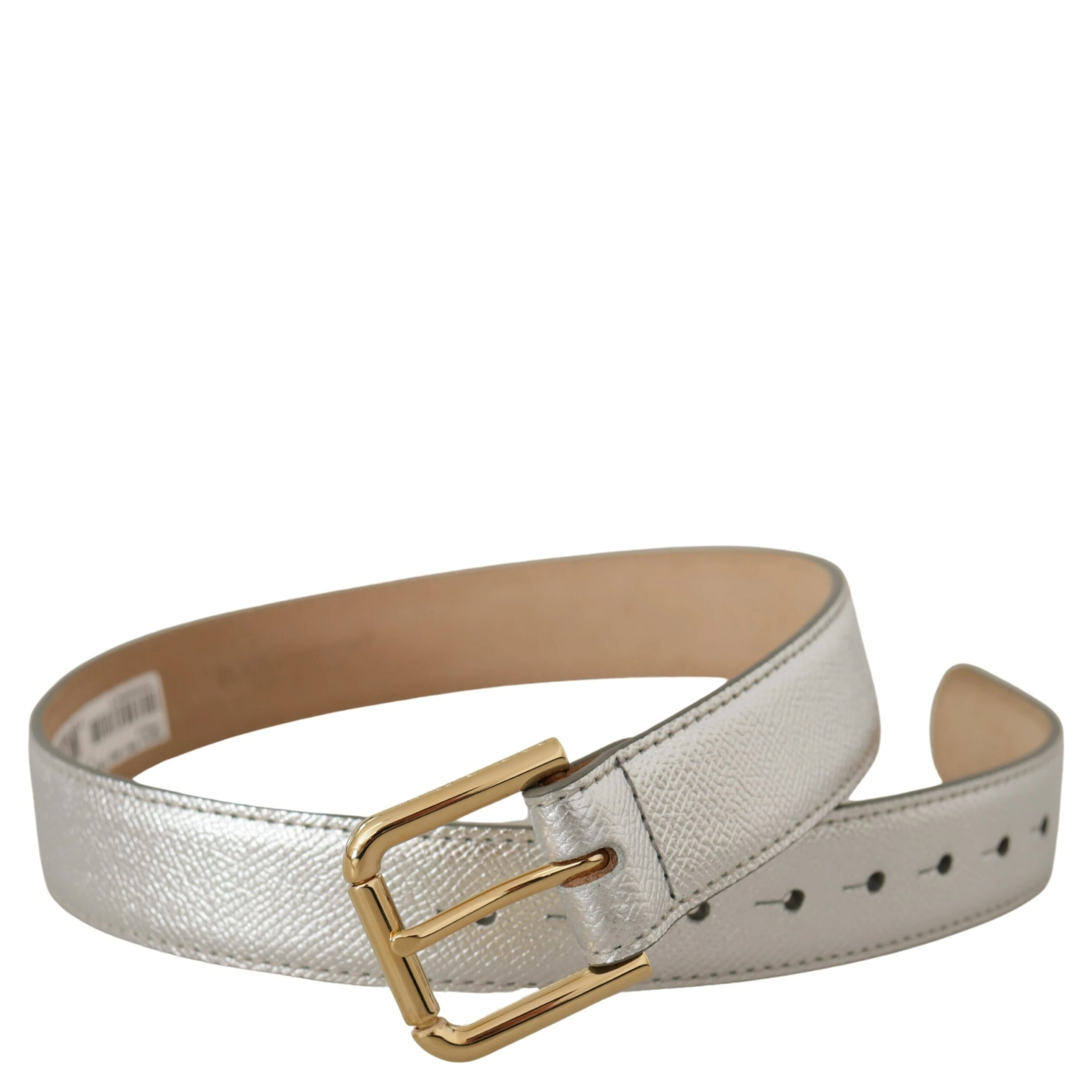Silver Leather Gold Tone Logo Metal Waist Buckle Belt