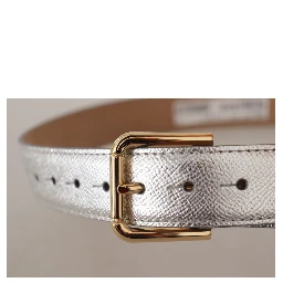 Silver Leather Gold Tone Logo Metal Waist Buckle Belt