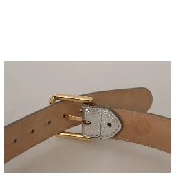 Silver Leather Gold Tone Logo Metal Waist Buckle Belt