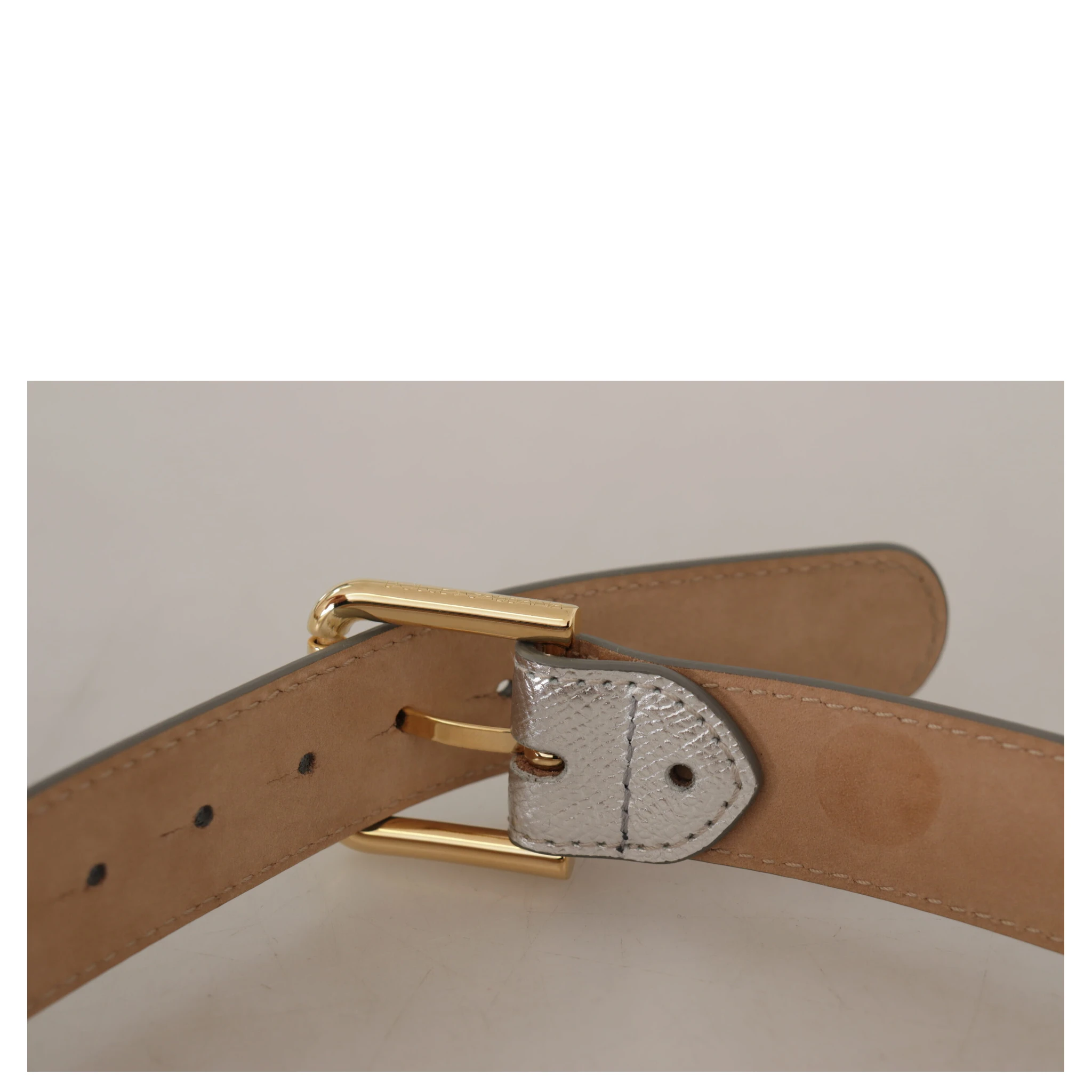 Silver Leather Gold Tone Logo Metal Waist Buckle Belt