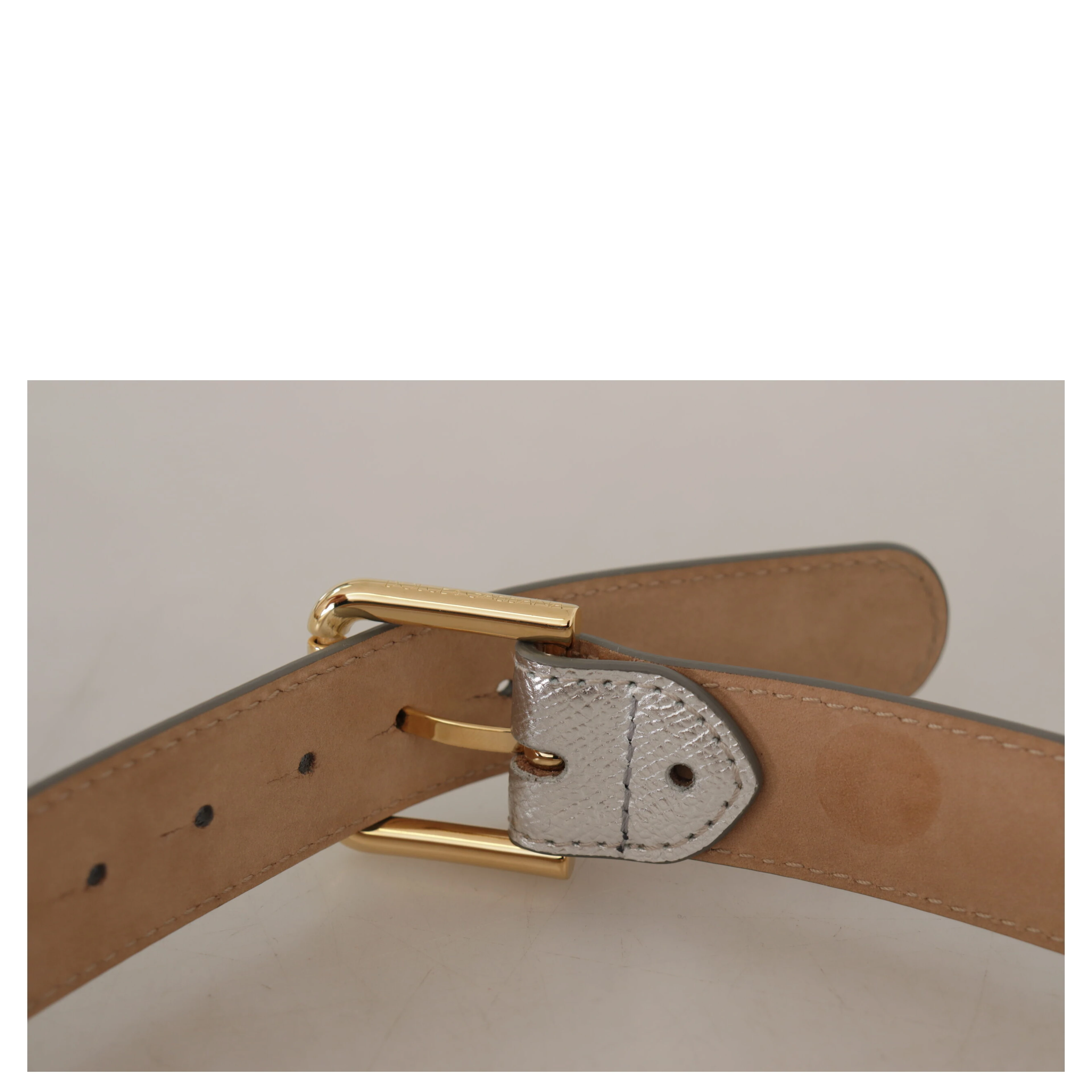 Silver Leather Gold Tone Logo Metal Waist Buckle Belt