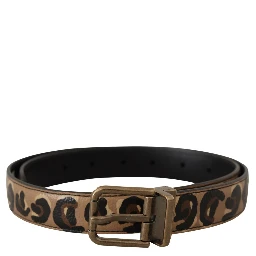 Brown Leather Leopard Print Bronze Metal Buckle Belt