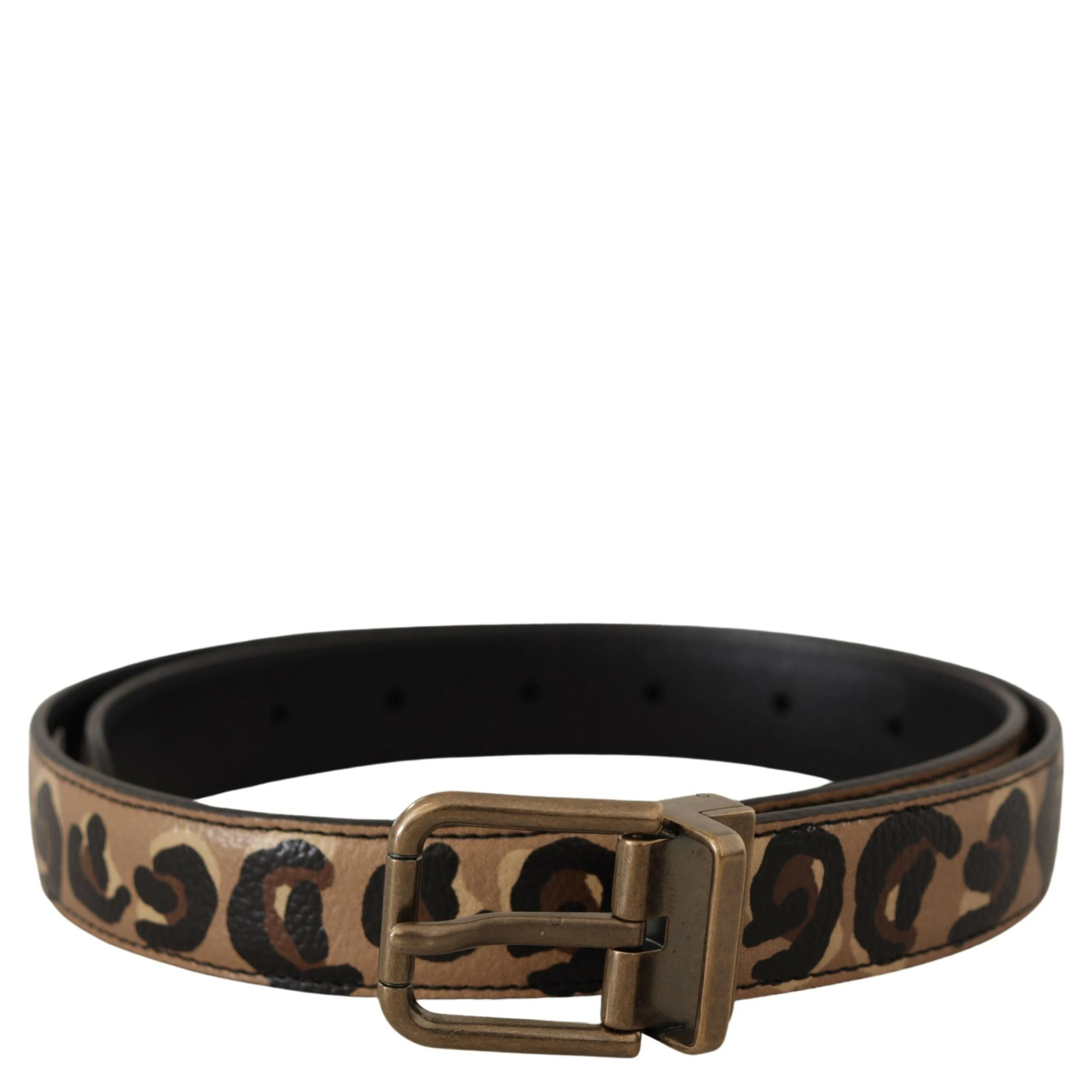 Brown Leather Leopard Print Bronze Metal Buckle Belt