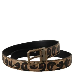 Brown Leather Leopard Print Bronze Metal Buckle Belt