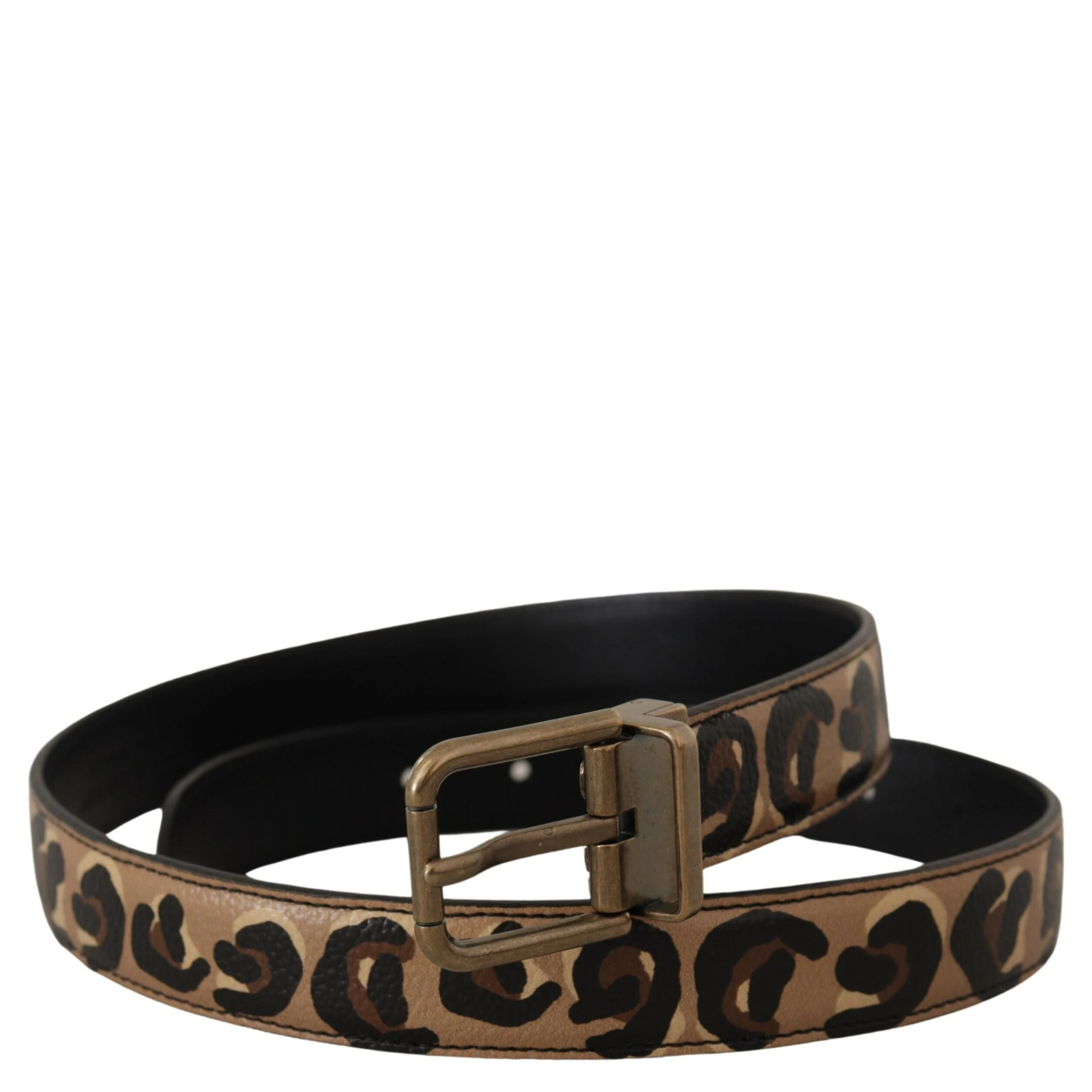 Brown Leather Leopard Print Bronze Metal Buckle Belt