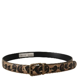 Brown Leather Leopard Print Bronze Metal Buckle Belt