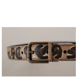 Brown Leather Leopard Print Bronze Metal Buckle Belt