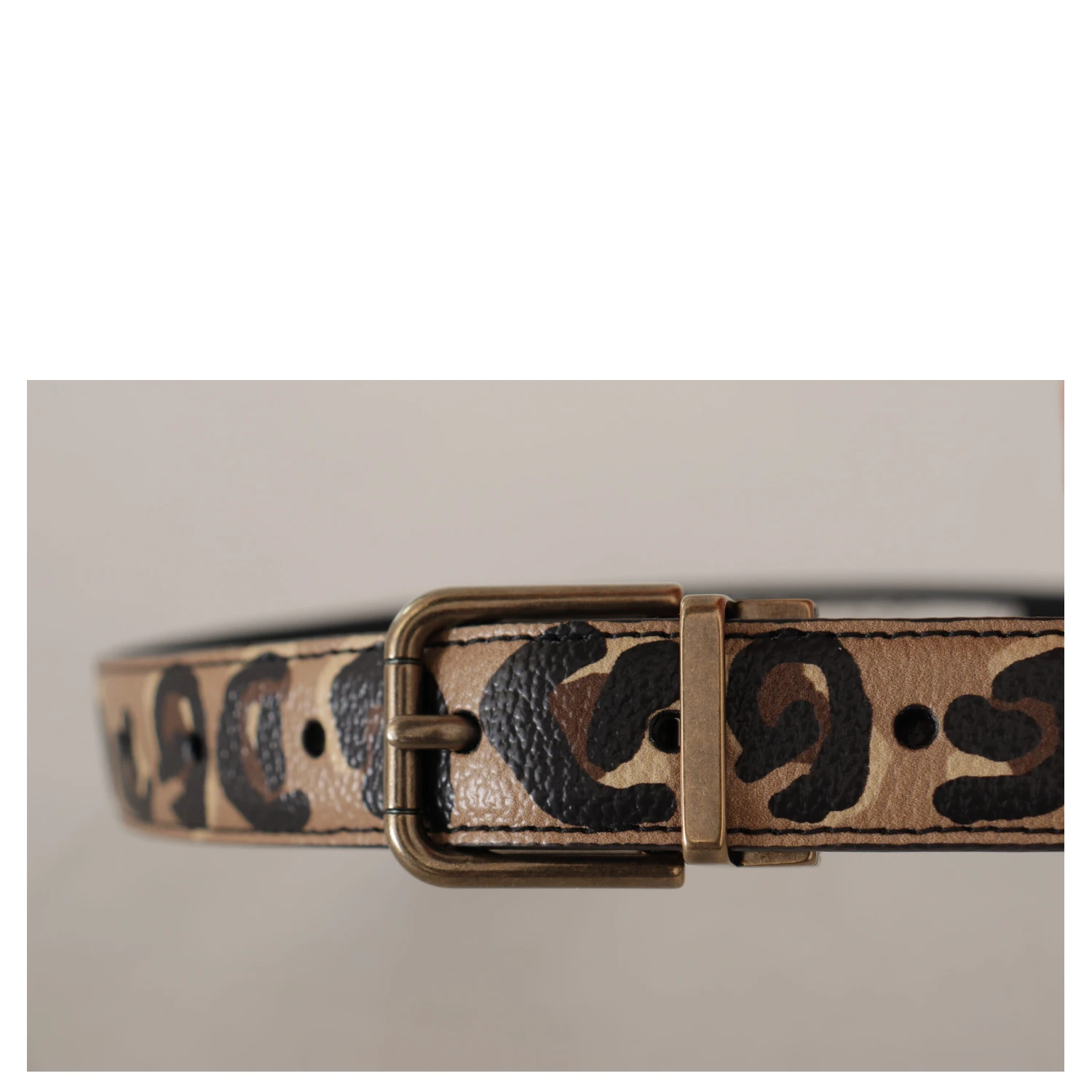 Brown Leather Leopard Print Bronze Metal Buckle Belt