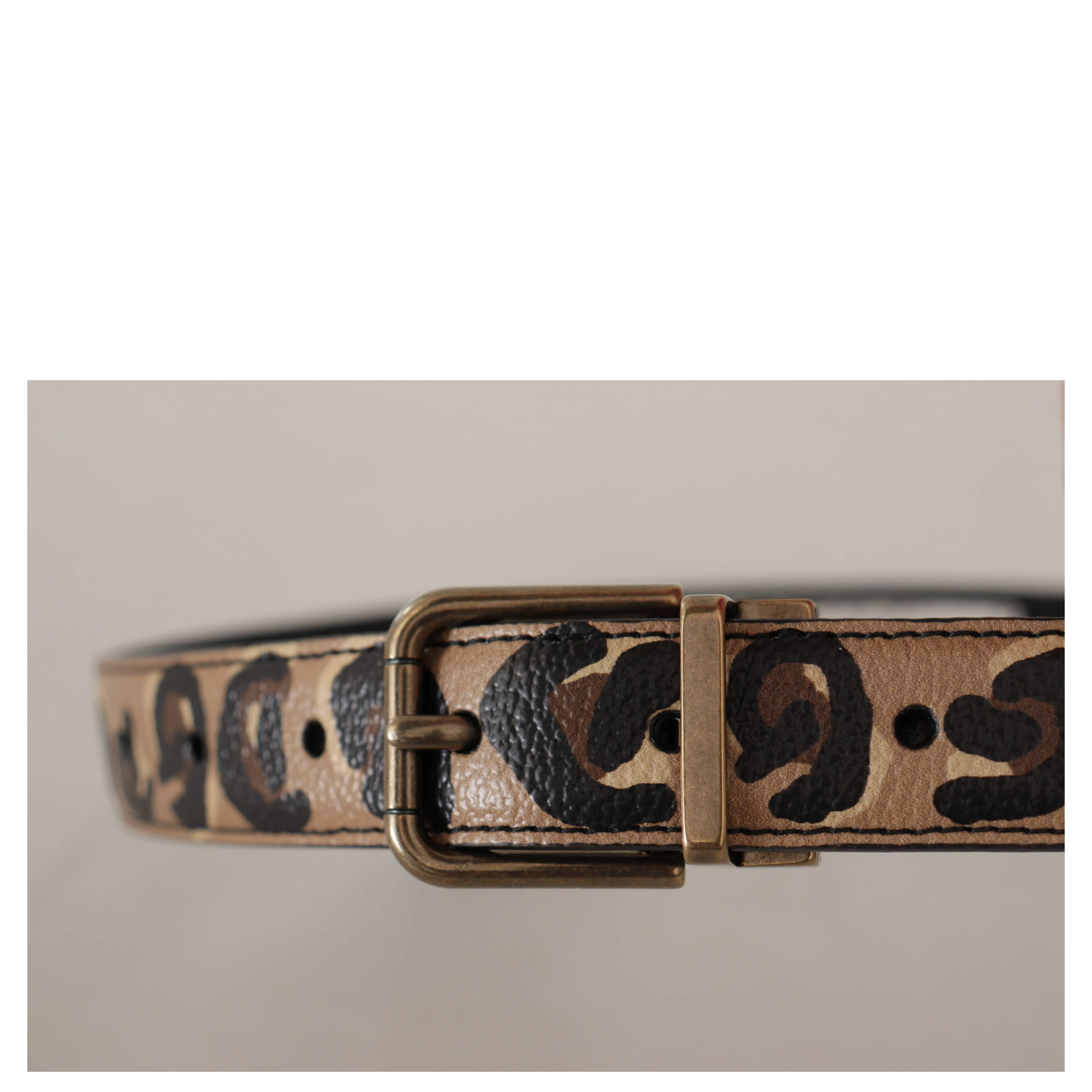 Brown Leather Leopard Print Bronze Metal Buckle Belt