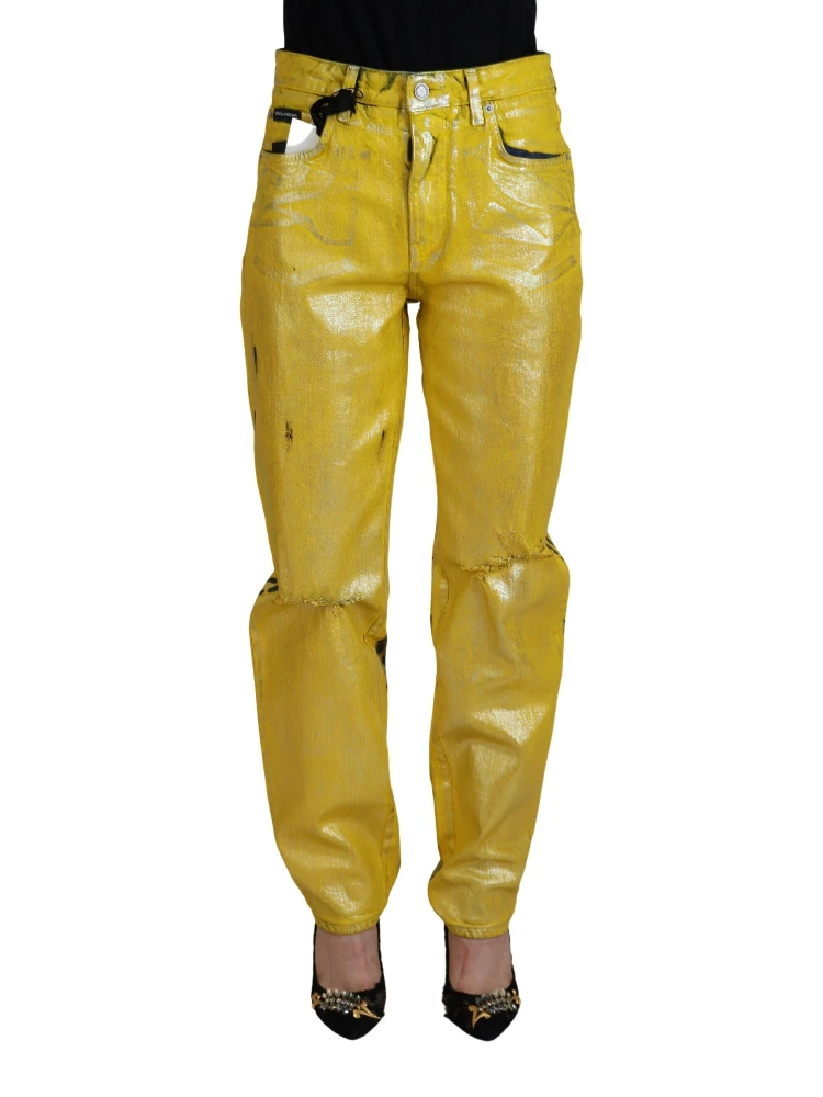 Yellow Leopard Cotton Straight Denim Jeans
